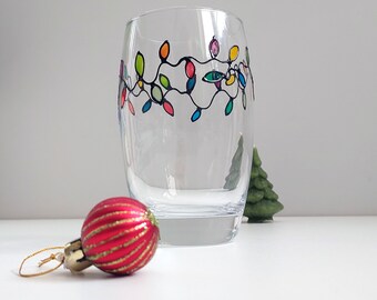 Christmas lights drinking glass, colorful hand-painted water glass with rainbow colors design