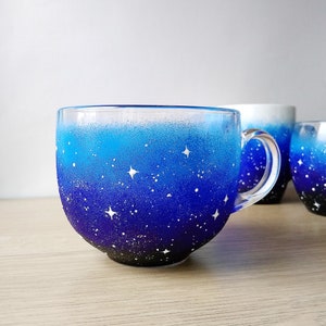 Galaxy coffee mug cosmic lover gift, hand painted starry night glass mug, custom blue mug