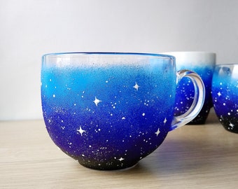 Hand Painted Galaxy Glass Coffee Mug: Starry Night Cosmic Gift