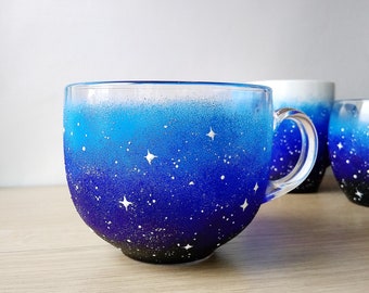 Galaxy coffee mug cosmic lover gift, hand painted starry night glass mug, custom blue mug