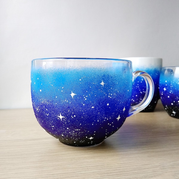 Galaxy coffee mug cosmic lover gift, hand painted starry night glass mug, custom blue mug