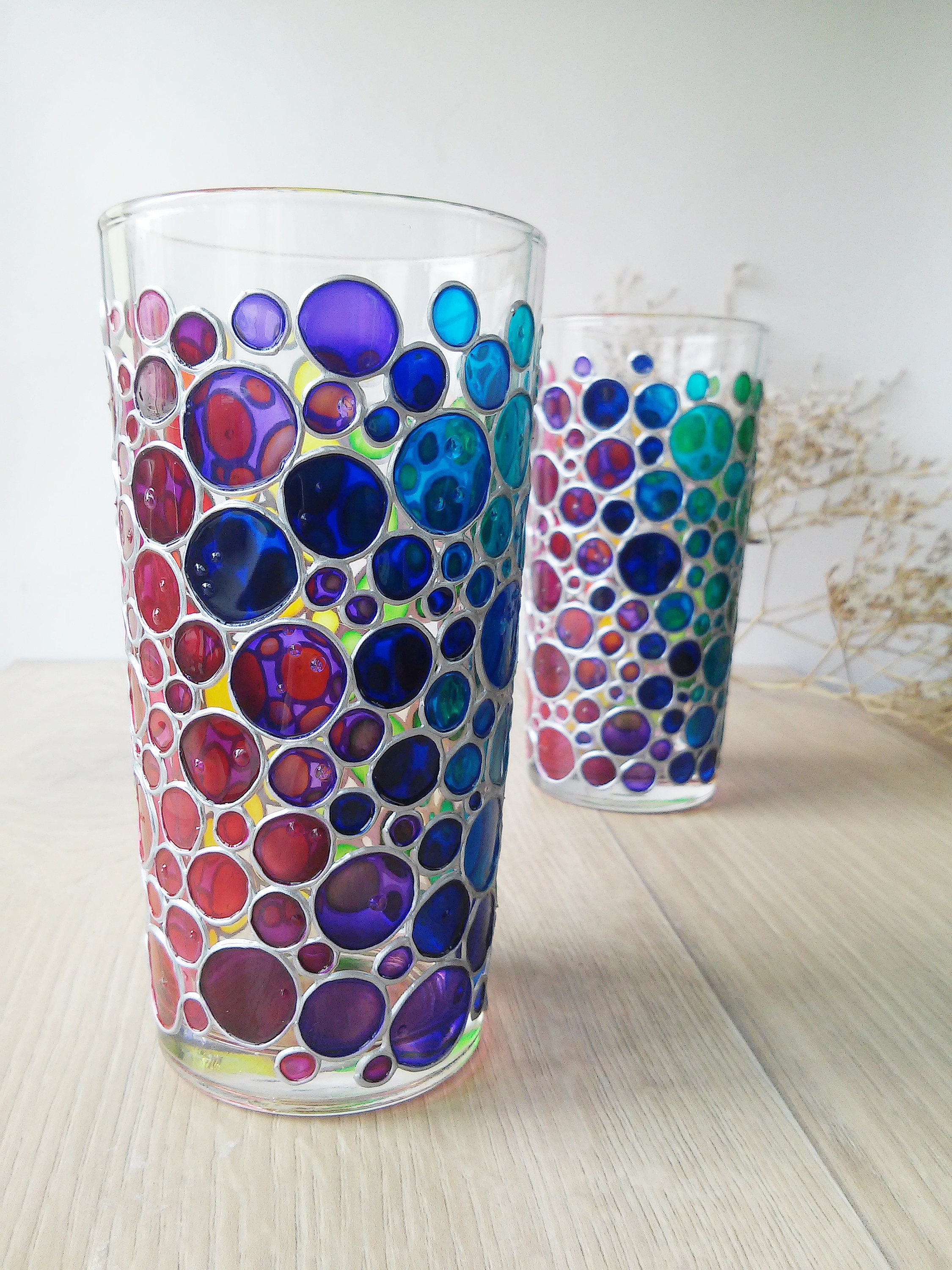 Hand Blown Set of 2 Square Drinking Glasses With Rainbow Detail 