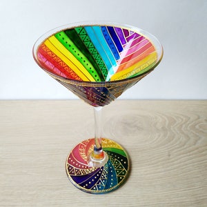 Rainbow martini glass, hand painted cocktail glasses, rainbow stripes glassware