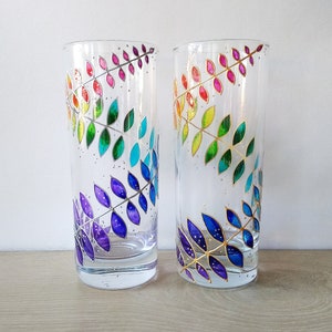 Rainbow drinking glasses set of 2, hand-painted floral couple water glasses, botanical glassware set image 5