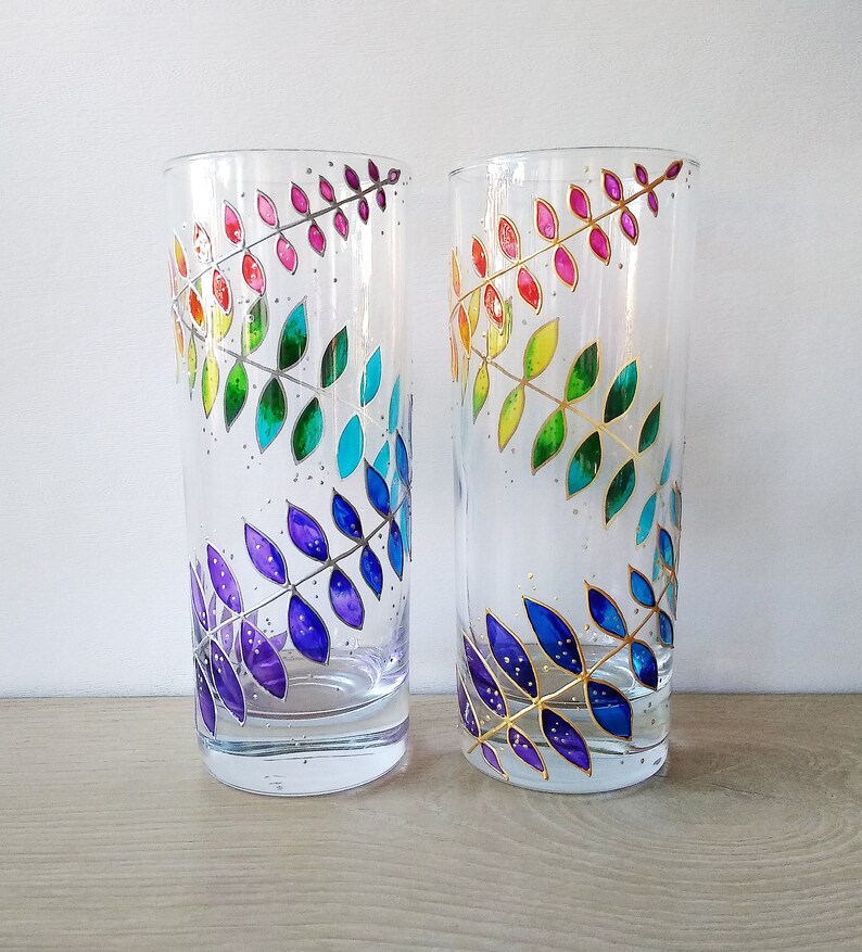 Rainbow drinking glasses set of 2, hand-painted floral couple water glasses, botanical glassware set image 5