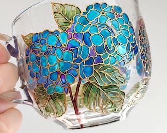 Blue Hydrangea Glass Mug – Hand Painted Floral Tea Cup, Botanical Coffee Mug, Cottagecore Glass Cup Gift
