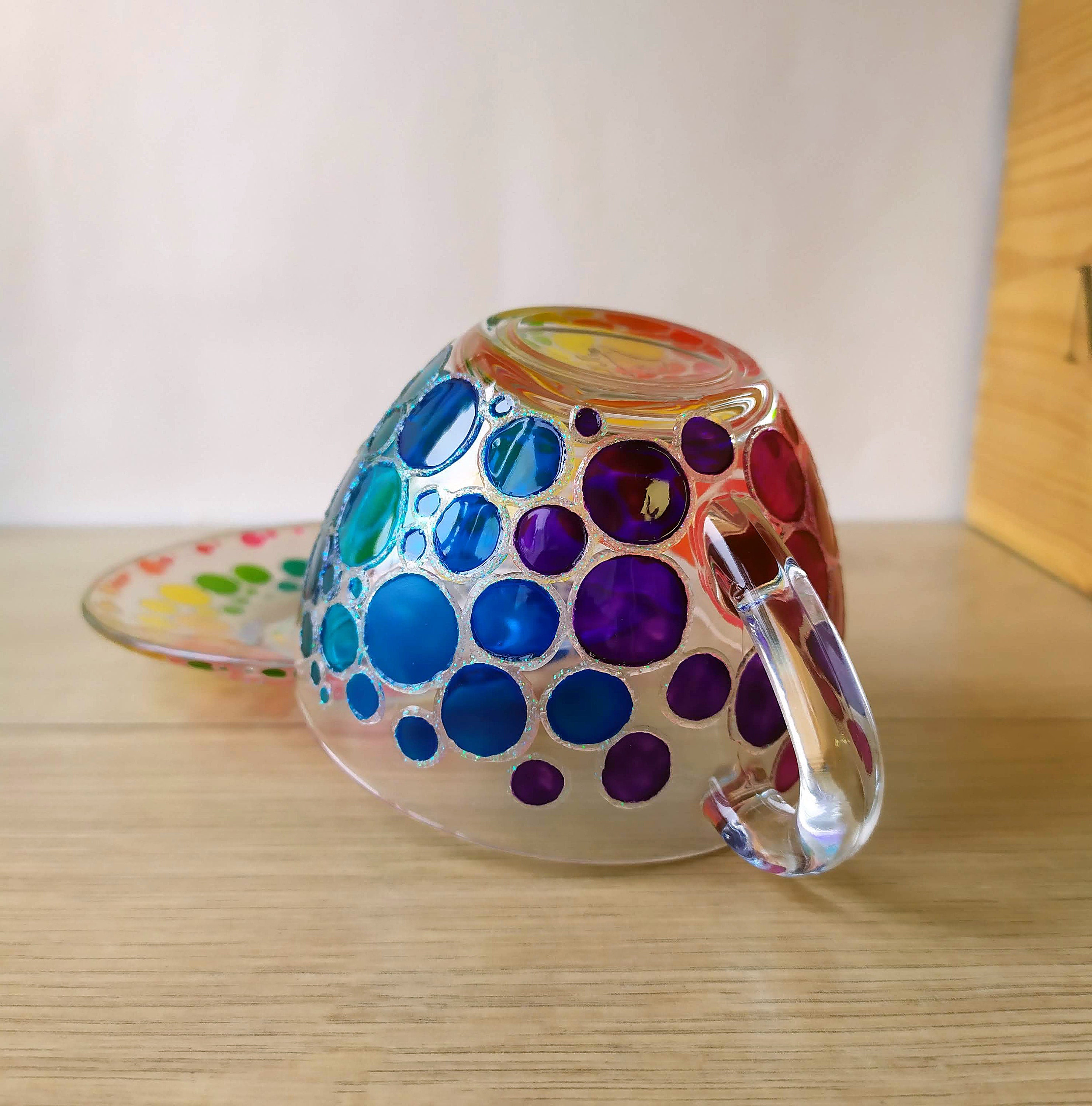 Rainbow Tea Cups & Saucers Set of 4 Painted Glass Cups With 4 Saucers  Rainbow Bubbles Tea Cup Set 