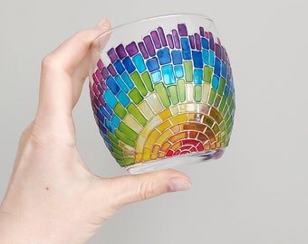 Rainbow stemless wine glass, custom hand-painted wine glasses