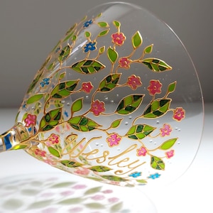 Pink & blue flowers martini glass, hand-painted pretty little flowers gift idea for her, gift for Women