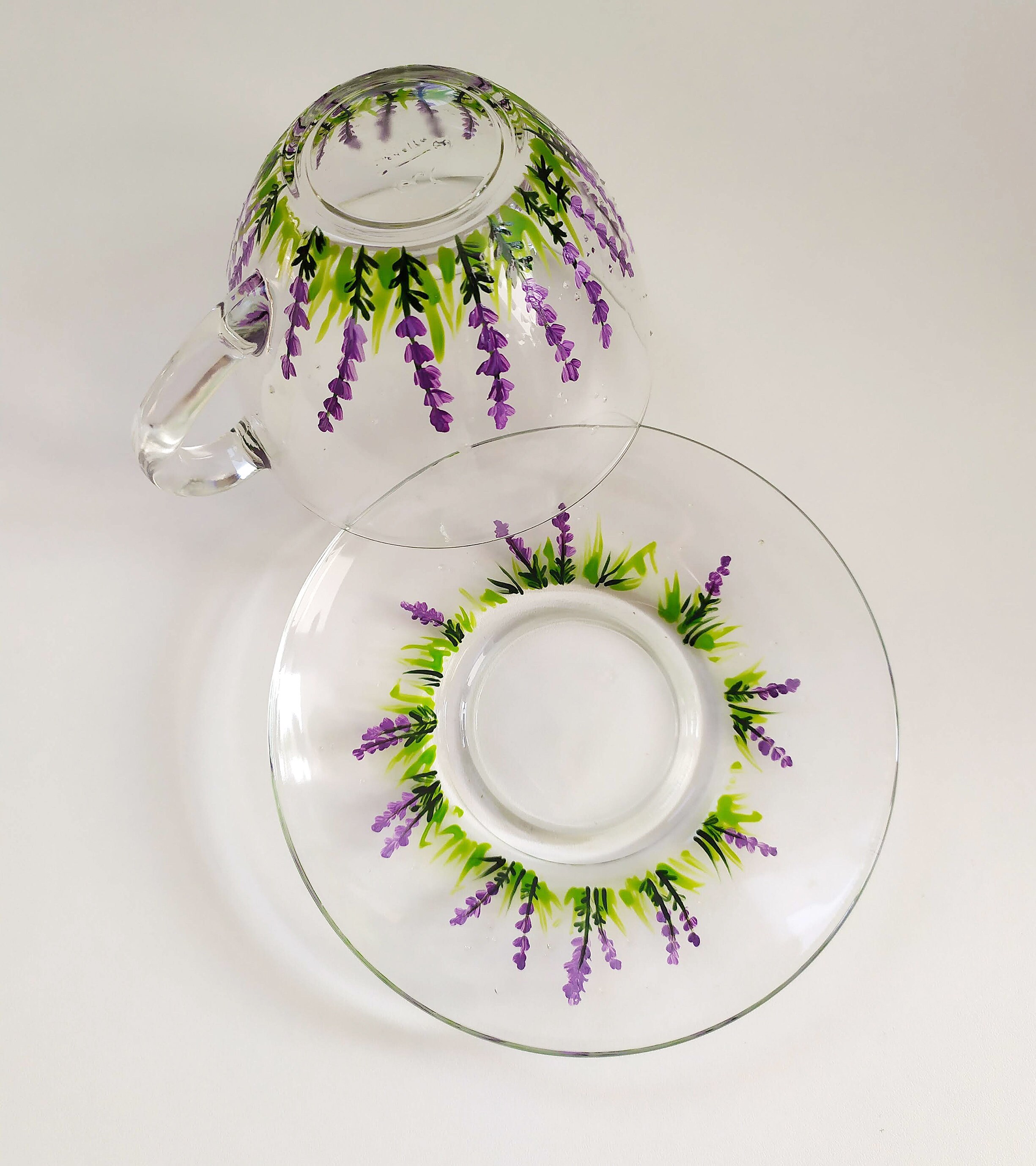 Lavender Tea Cup & Saucer Set, Flower Hand Painted Glass Cup Gift for Her,  Provence Home Decor and Tableware 