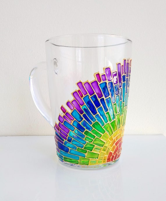 Cute Rainbow Glass Cup, Aesthetic Coffee Glass, Glass Can Rainbow