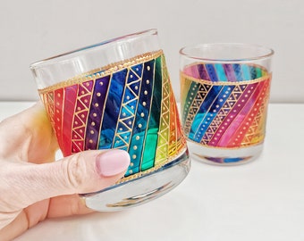 Personalized Rainbow Whiskey Rock Glasses, Low Ball Glasses for Cocktails, Wine, or Bourbon, Hand painted glassware, barware, glass sets