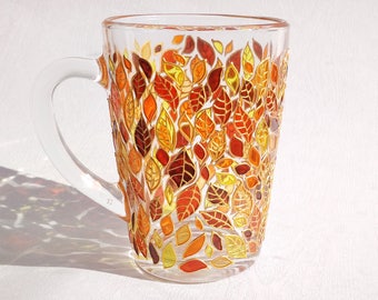 Fall glass mug, hand-painted floral gift mug for nature lover person