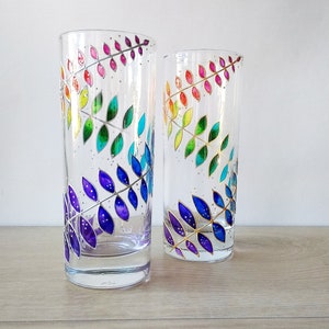 Rainbow drinking glasses set of 2, hand-painted floral couple water glasses, botanical glassware set image 6