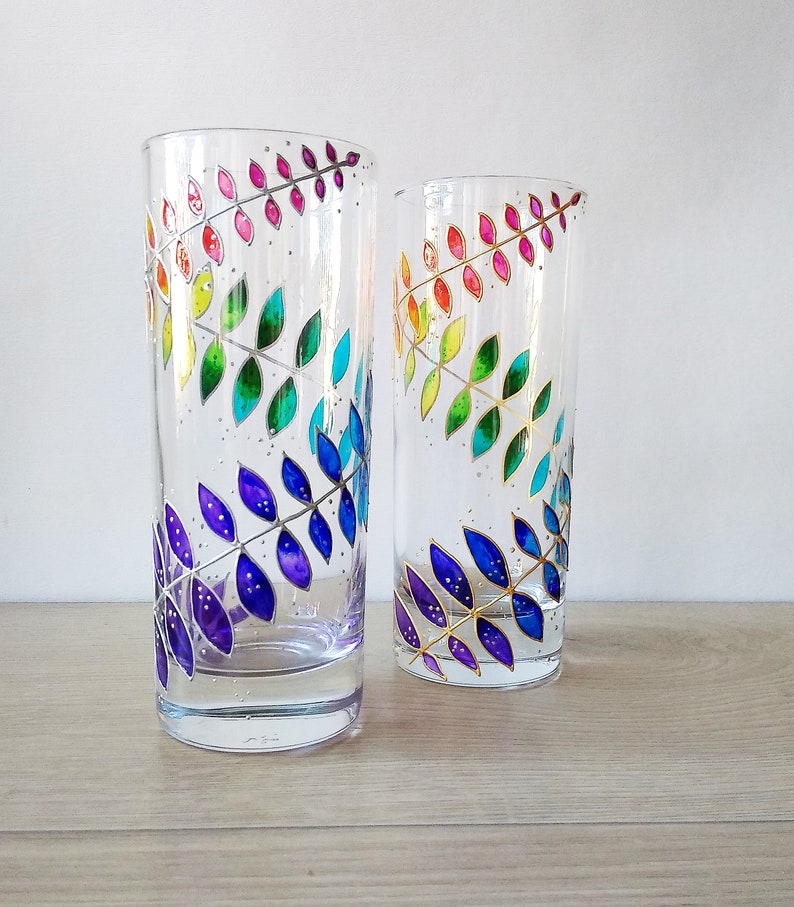 Rainbow drinking glasses set of 2, hand-painted floral couple water glasses, botanical glassware set image 6
