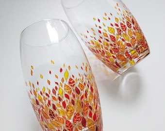 Fall water glasses set of 2, hand-painted floral gift glassware for nature lovers person