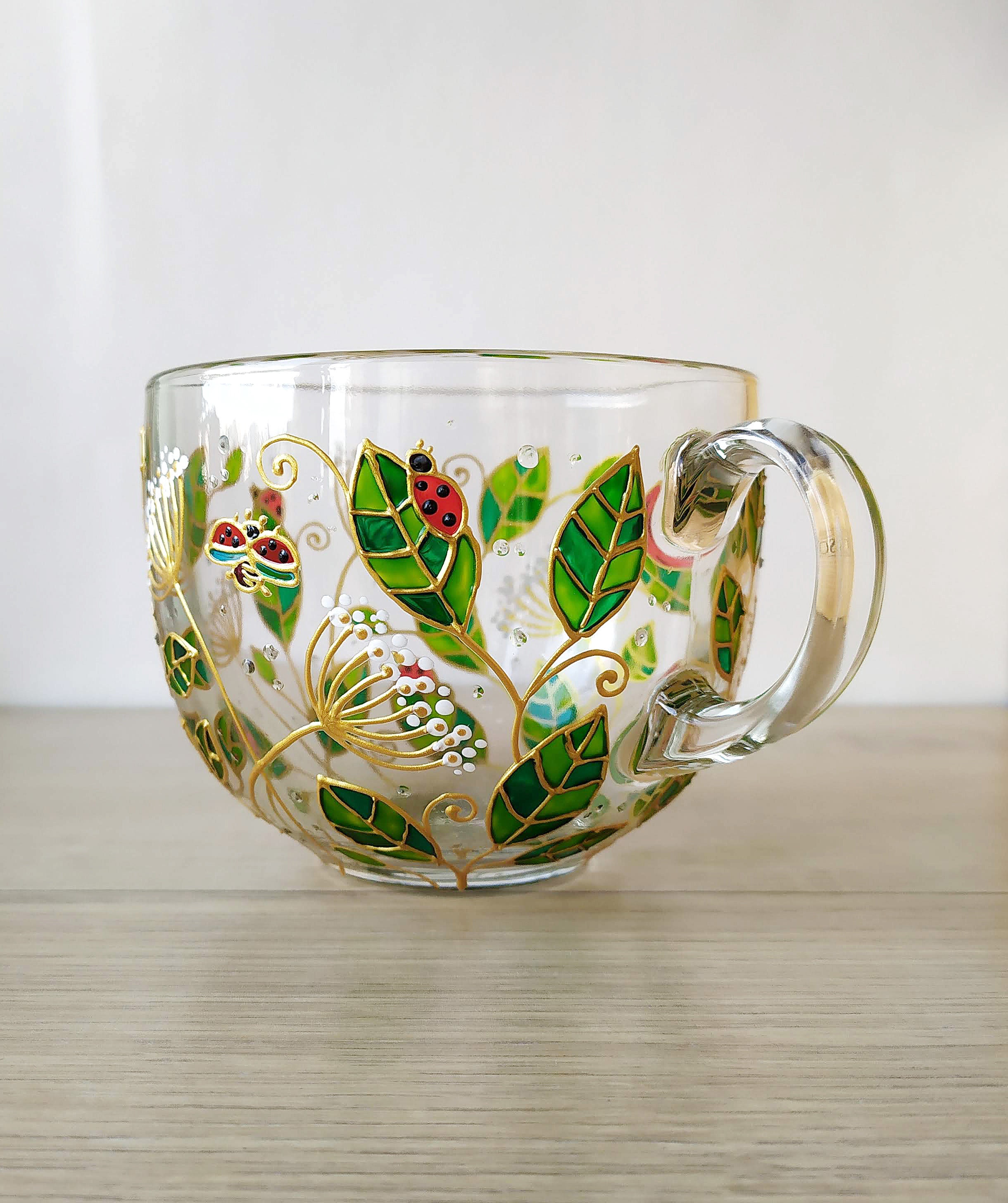 Tropical Glass Mugs Set of 2 Cups, Hand-painted Green Leaves Mugs,  Gardening Tea Cup Set, Nature Lover Mugs 