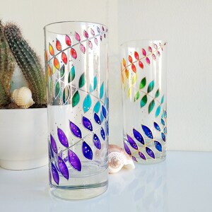 Rainbow drinking glasses set of 2, hand-painted floral couple water glasses, botanical glassware set image 10