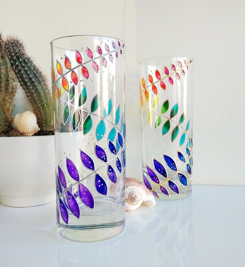 Rainbow drinking glasses set of 2, hand-painted floral couple water glasses, botanical glassware set image 10