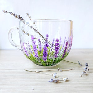 Lavender big glass mug, Floral hand painted coffee mug gift for Her, Provence home decor and tableware