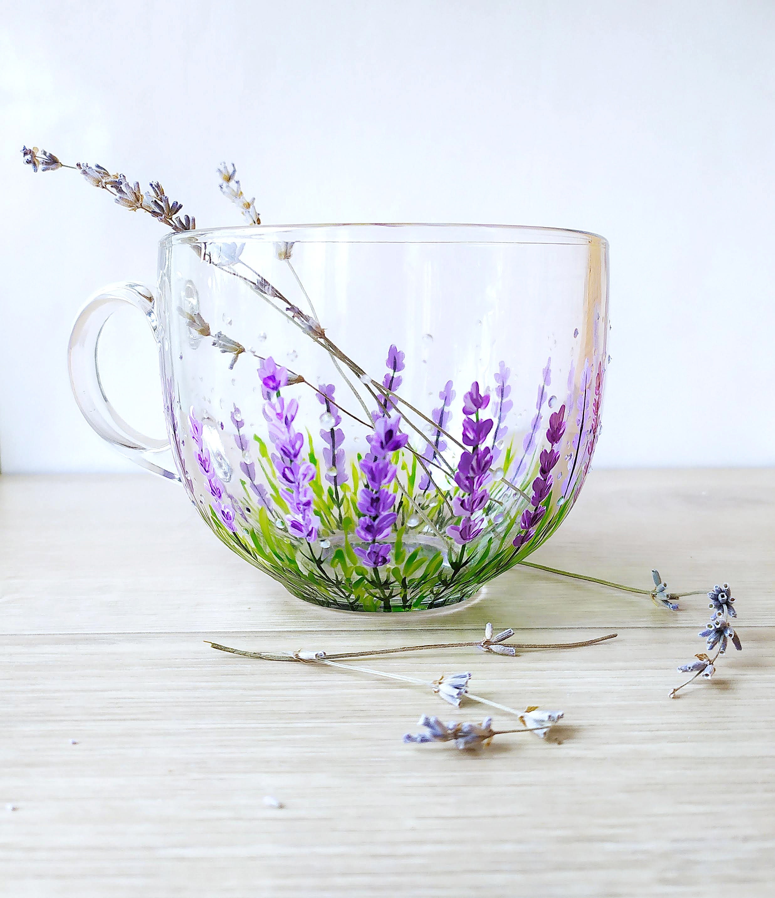 Lavender Big Glass Mug, Floral Hand Painted Coffee Mug Gift for