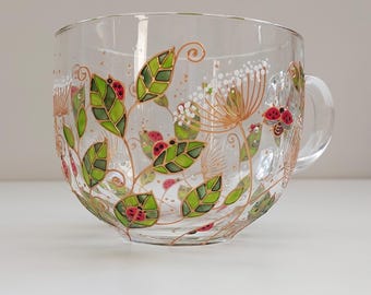 Hand-Painted Floral Glass Mug: Green Leaves & Ladybug Design