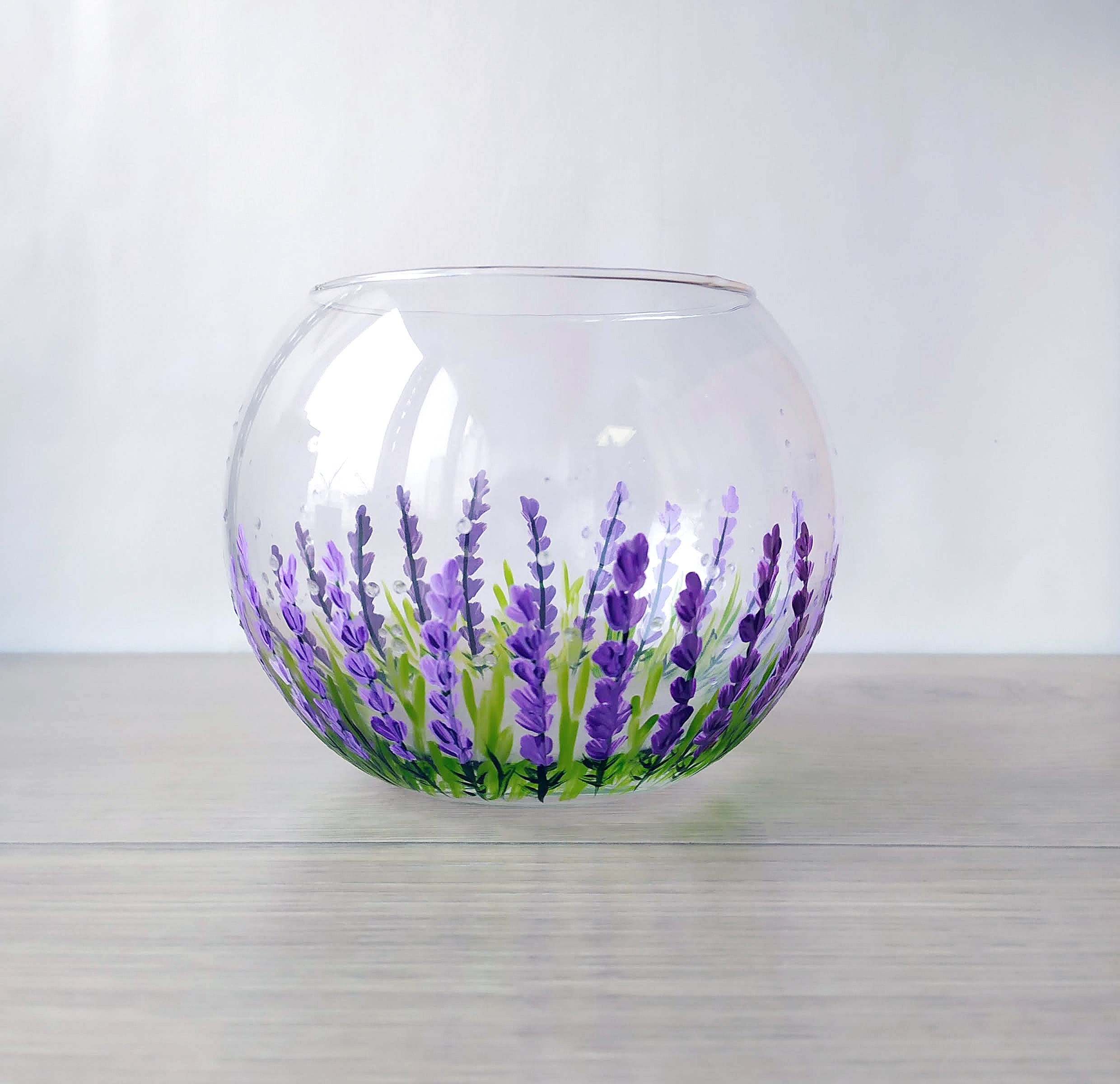 手描きのラベンダー色のガラス球形花瓶：プロヴァンス風ホーム