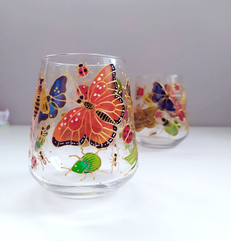 Bugs & Beetles Stemless Wine Glass Insects Hand Painted Glass Etsy