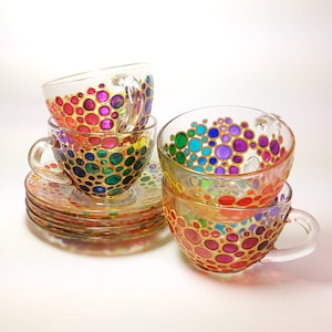 Rainbow tea cups & saucers set of 4 Painted glass cups with 4 saucers  Rainbow bubbles tea cup set