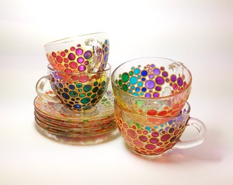 Rainbow tea cups & saucers set of 4 Painted glass cups with 4 saucers  Rainbow bubbles tea cup set