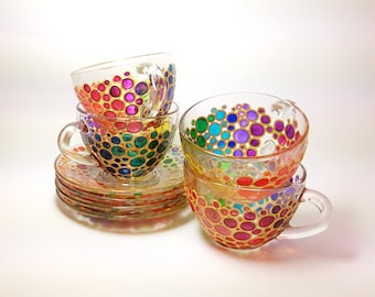 Rainbow Bubbles Tea Cup Set: Hand-Painted Glass Cups & Saucers