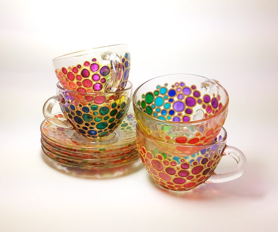 Rainbow Tea Cups & Saucers Set of 4 Painted Glass Cups With 4 Saucers  Rainbow Bubbles Tea Cup Set 