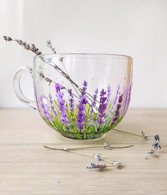 Lavender Big Glass Mug, Floral Hand Painted Coffee Mug Gift for