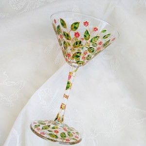 Flowers martini glass, hand-painted pretty little pink flowers gift idea for her, gift for Women