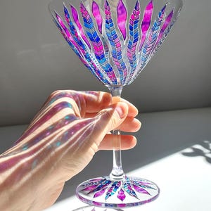 Purple feather martini glass, Hand-painted custom party cocktail glassware
