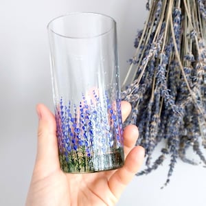 Lavender straight water glass, hand-painted glass tumbler with flower design