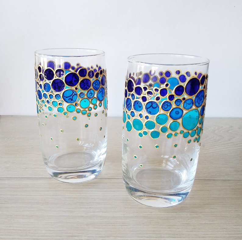 Blue Drinking Glasses Set for Couple Painted Glass Tumblers | Etsy