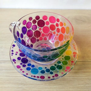 Hand Painted Rainbow Glass Tea Cup and Saucer Set image 7