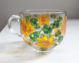 Zonnebloemglazen mok, handgeschilderde bloemenkoffiemok, op de natuur geïnspireerd cadeau