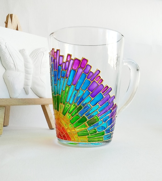 Rainbow Coffee Mug, Stripes Coffee Cup, Sun Catcher Mug, Hand Painted Colorful  Glass Mug 