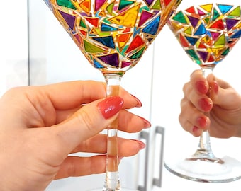 Mosaic martini glass, hand-painted cocktail glass, multi colored geometric design wine glass gift