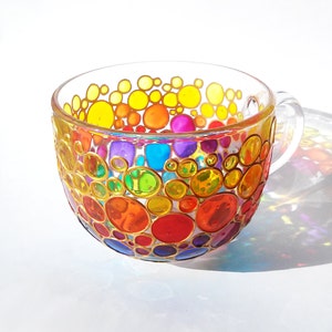 Rainbow glass mug, hand painred coffee mug with funny colorful bubbles