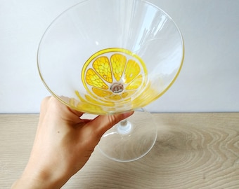 Lemon slice martini glass gift, hand-painted custom cocktail glasses