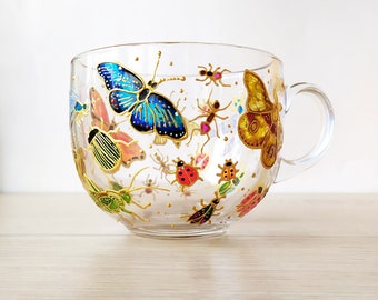 Bugs & beetles mug, Insects hand painted glass coffee mug gift