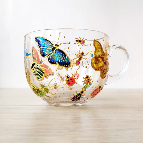 Bugs & beetles mug, Insects hand painted glass coffee mug gift