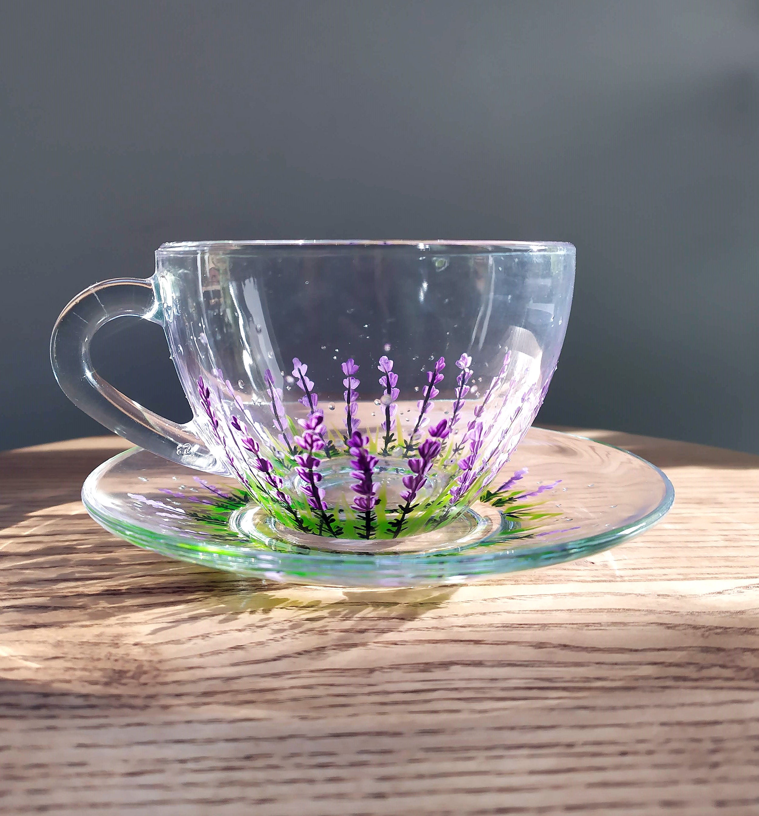 手描きラベンダーティーカップ＆ソーサーセット：花柄ガラスギフト