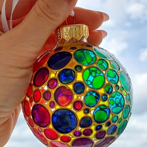 Rainbow Christmas hand-painted ornament, glass ball with multi-colored bubbles design!