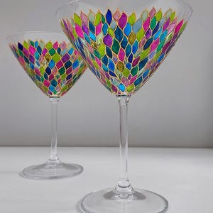 Pair of Mosaic martini glasses, hand-painted wine glass gift for a couple, multicolored glassware set of 2