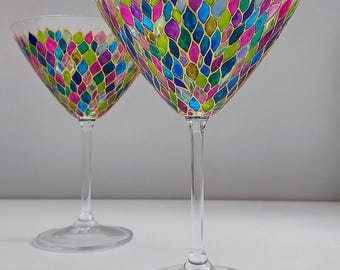 Hand-Painted Mosaic Martini Glasses - Rainbow Cocktail Glassware Set