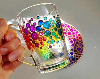 Rainbow Glass Coffee Cup and Saucer: Hand-Painted Colorful Mug
